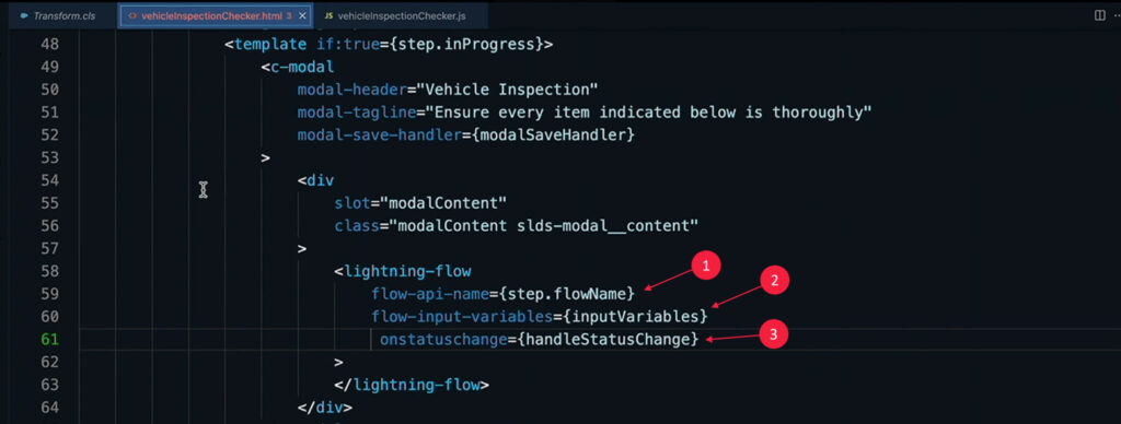 The <lightning-flow/> element can be seen above with three parameters being passed: (1) Flow API Name; (2) Flow Input Variables, which can handle primitive or custom data types; (3) Event fired when flow status changes