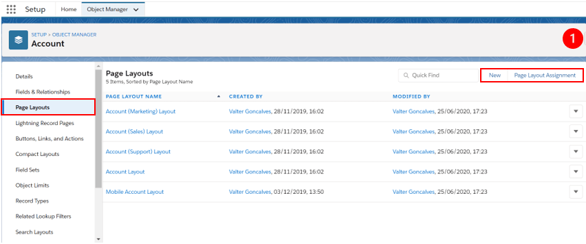 Create and Define Page Layouts Assignment per Object and Record Type for each Users’ Profile - 1